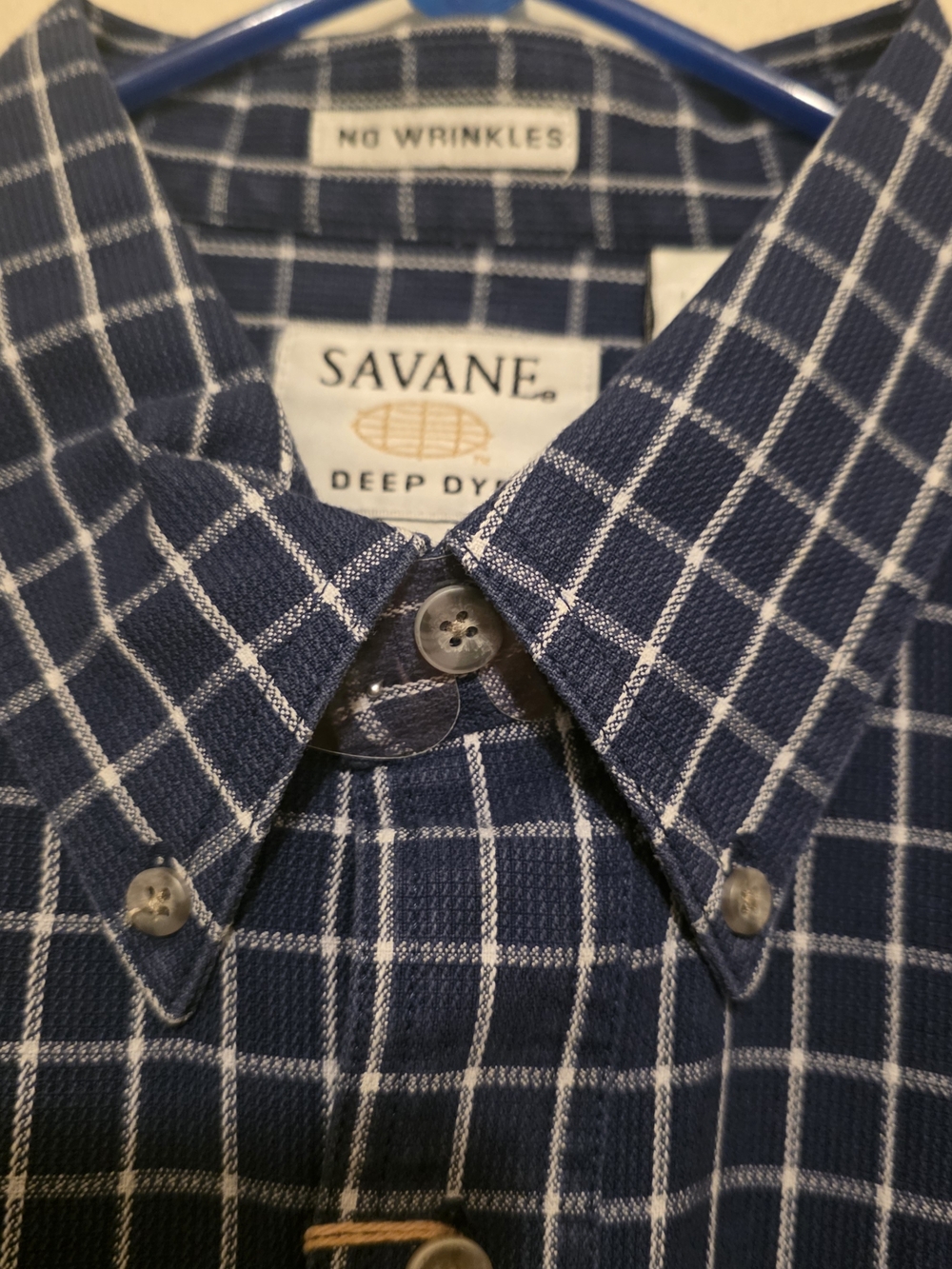 Savane Deep Dye No Wrinkles Indigo Check Men's Button Down Shirt Size L - Picture 5 of 9